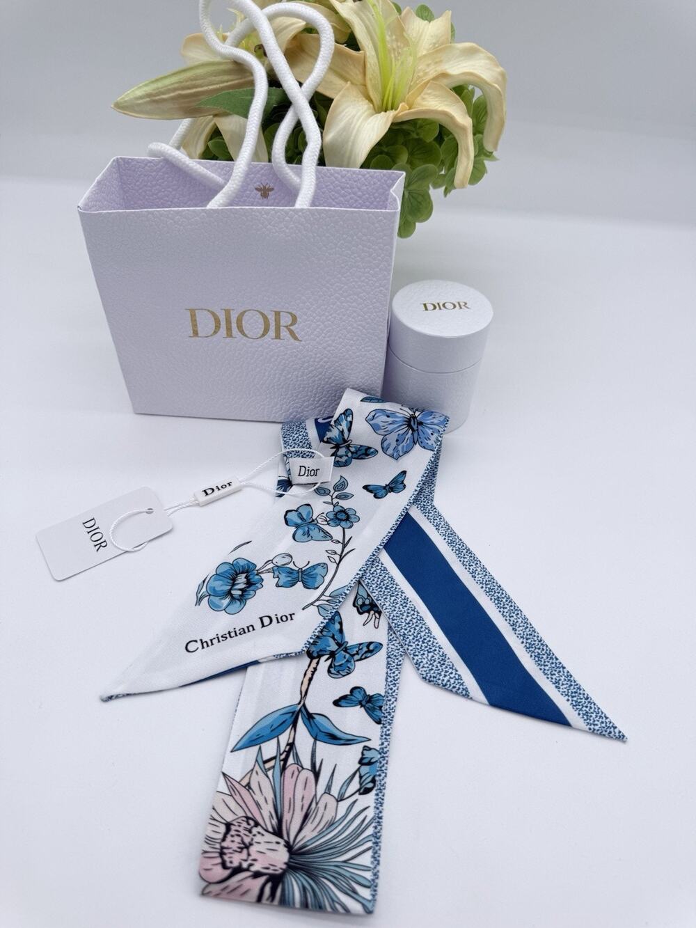 Christian Dior GWP Silk Ribbon Scarf Blue Floral Butterfly Print 41.3" Gift Box.